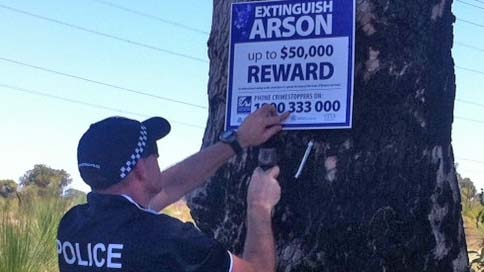 An officer nails sign to tree in Perth