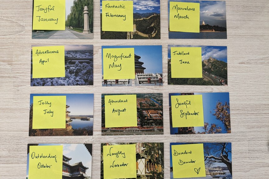 12 postcards stuck on a wall. Each has a sticky note on it with handwriting saying which month it is for. 