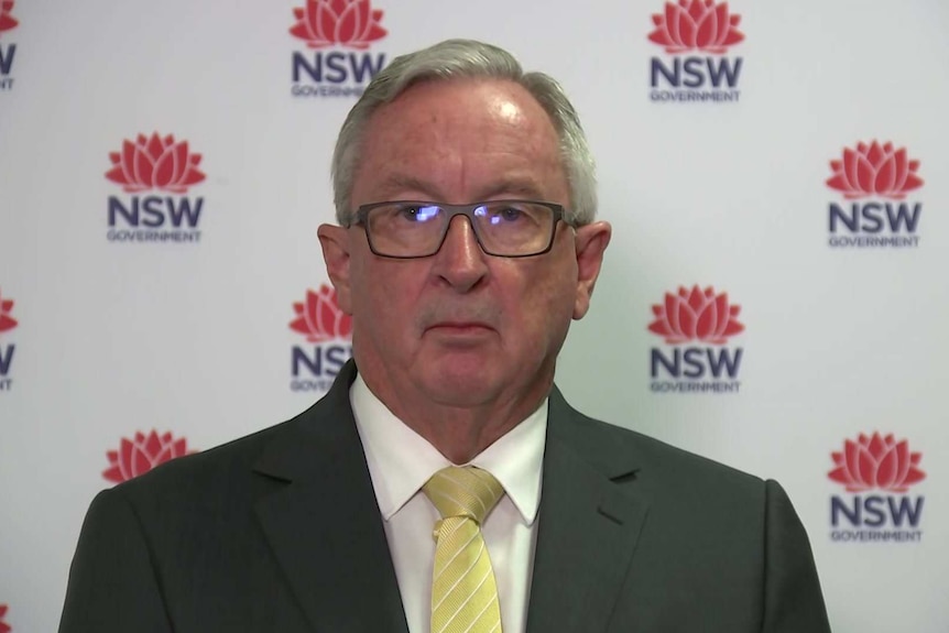 A man with grey hair in from of a NSW Government logo.