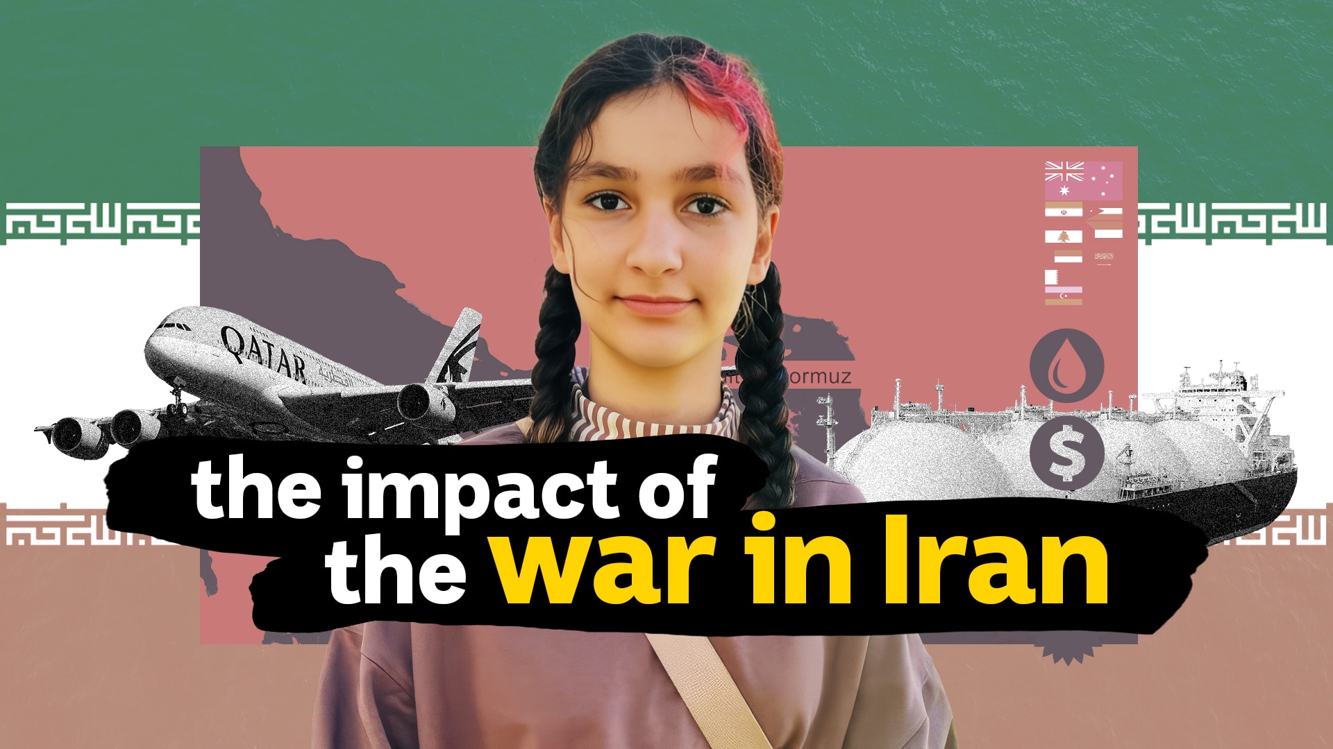 Lena smiles at camera. Illustration of a plane, oil tanker, map of the Hormuz Strait and the Iranian flag in the background.