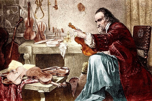 A coloured print of Antonio Stradivari inspecting violins in his workshop, frowning.