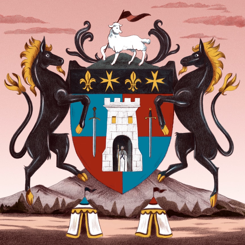 An illustration of a coat of arms featuring a castle, a man in a cloak with a staff, and horses guarding the entrance.