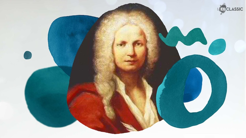 An image of composer Antonio Vivaldi with stylised musical notation overlayed in tones of teal.