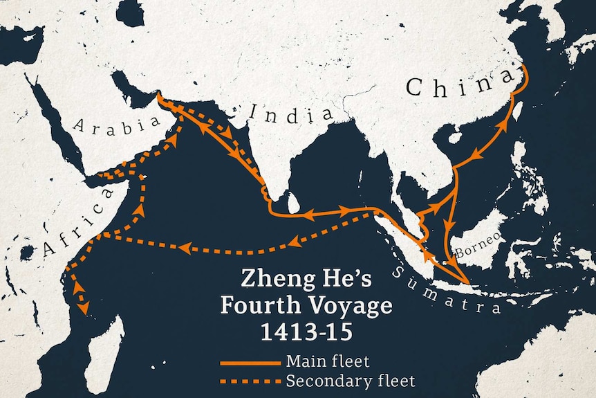 A map depicts the voyage route from China to India, the Middle East and Africa.