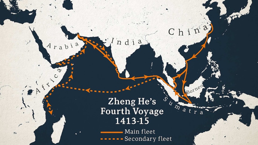 A map depicts the voyage route from China to India, the Middle East and Africa.