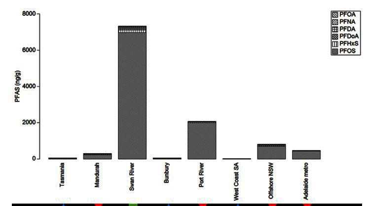 A graph shows highest contamination concerns are in the Swan River and Port River.