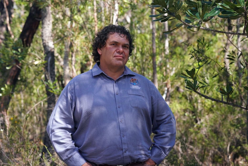 A man stands in a lush forest with a determined look on his face.