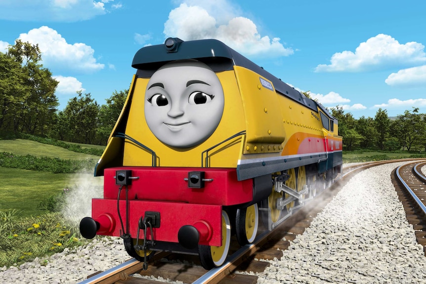 Rebecca, one of two new female characters joining Thomas & Friends. She is yellow and red with a black top.