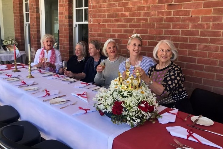 A group of women raise their glasses while sitting at a long table.