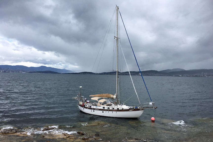 A yacht which ran aground at Tranmere on Hobart's eastern shore.