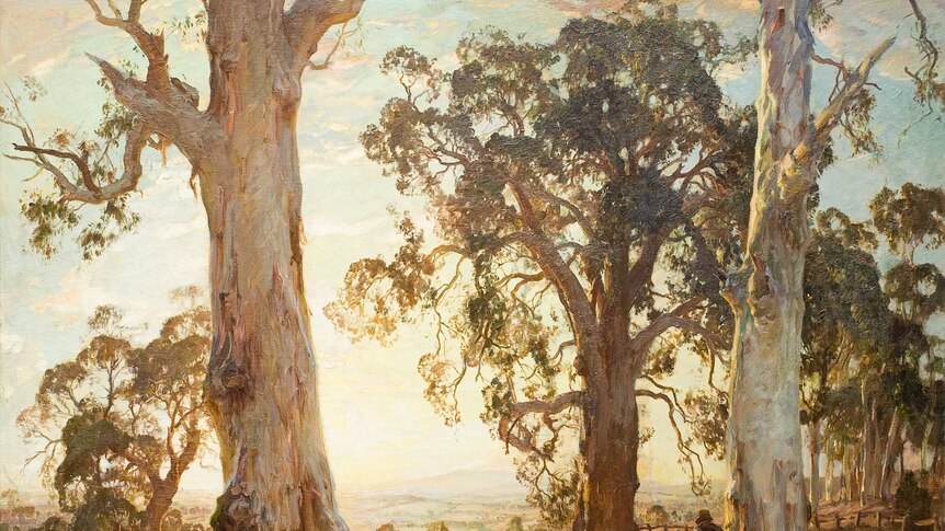 An oil painting of sheep and a drover walking through tall gum trees.