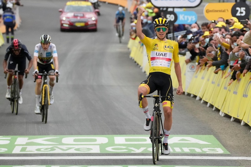A rider in the yellow jersey sits up and puts his fist in the air, rolling across the line to win a Tour de France stage.