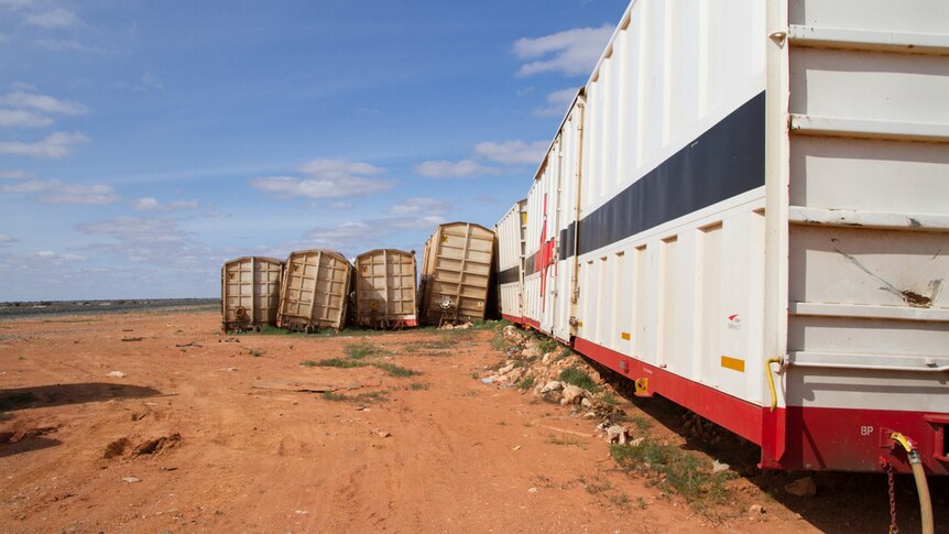 A line of abandoned freight containers with a train line in the background.