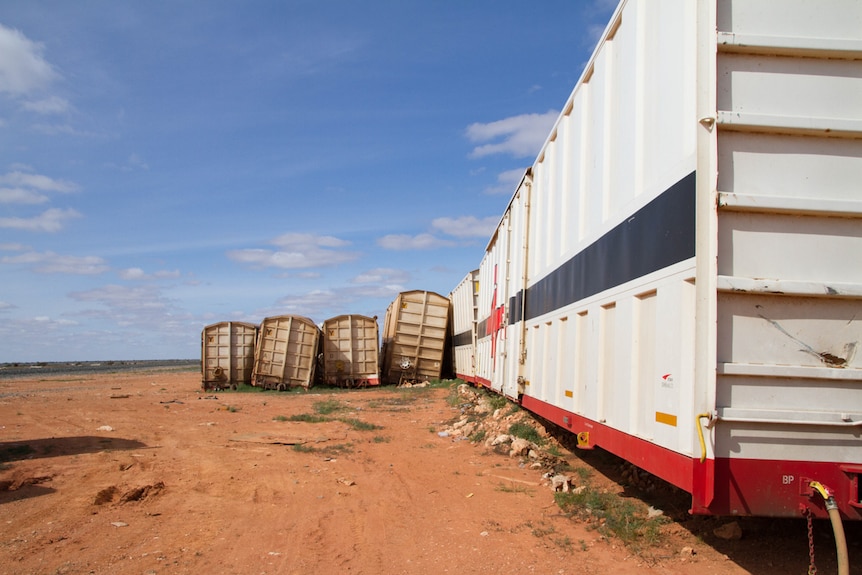 A line of abandoned freight containers with a train line in the background.