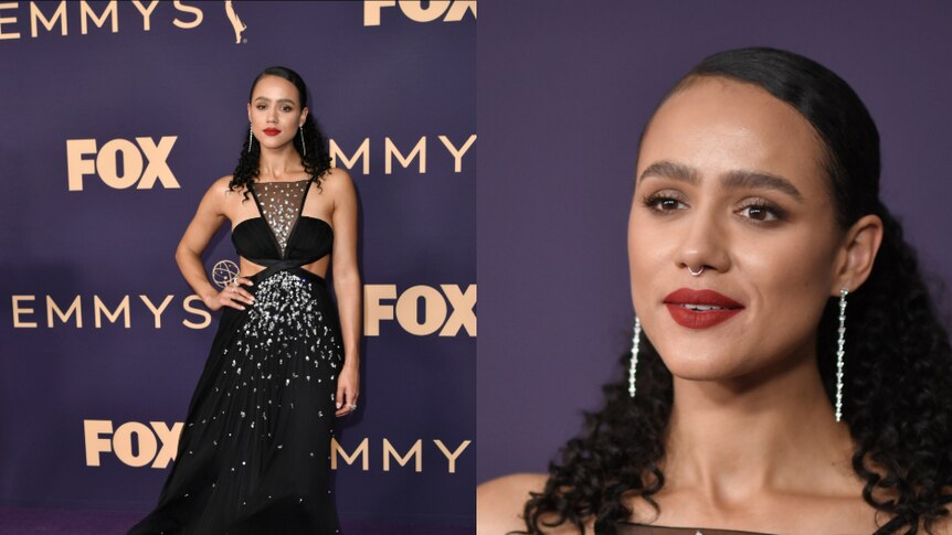 Nathalie Emmanuel is seen in a composite image wearing a black gown on the left, with a close up of her face on the right.