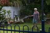 An elderly woman stands watering her garden.