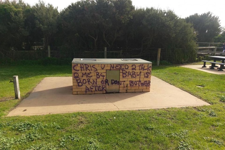 Graffiti sprayed onto a BBQ in a park reads 'Chris u need 2 talk 2 me b4 baby is born or dont bother after'.