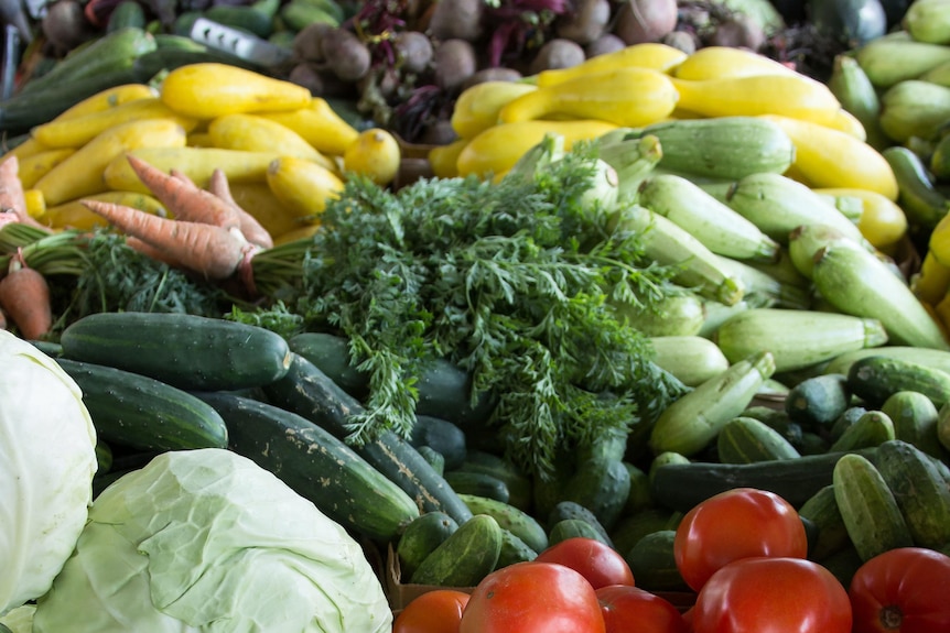 Tomatoes, cabbages, cucumbers and carrots are seen piled up at a store.