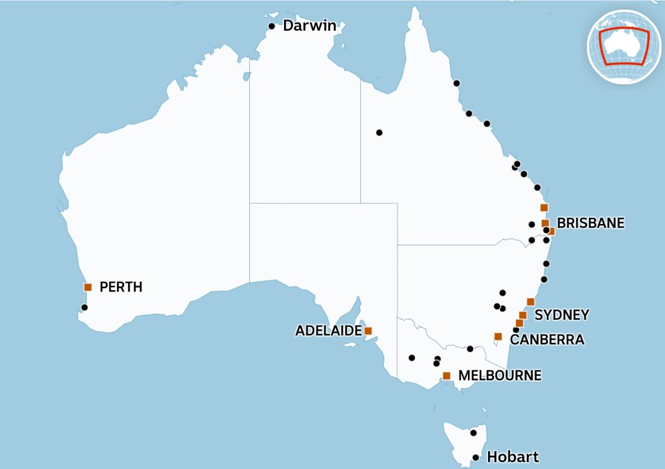 A map of australia showing the cities where the dgr will take place