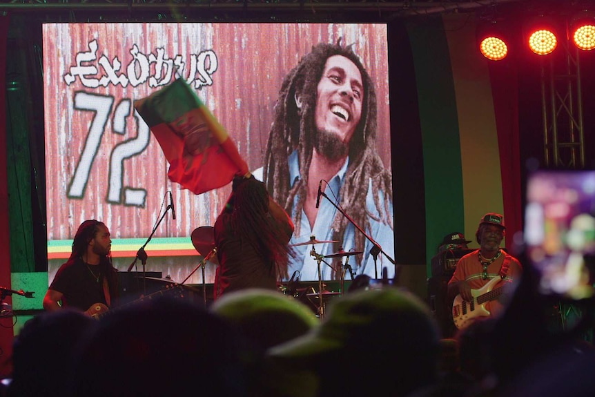 Reggae musicians perform at tribute concert to Bob Marley.
