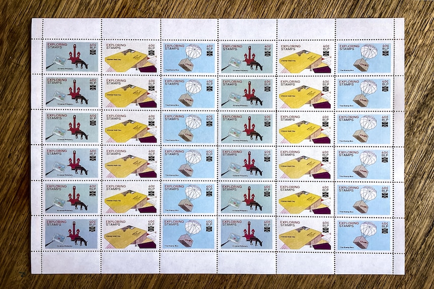 A sheet of colourful postage stamps.
