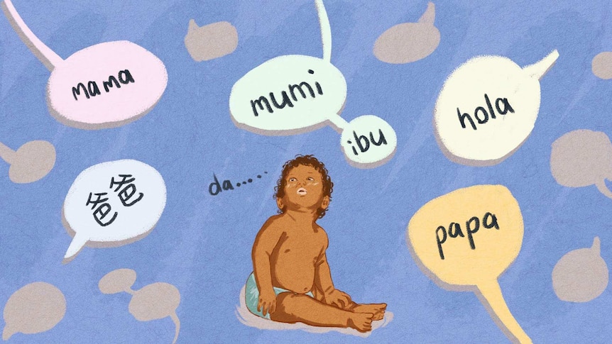 Illustration of a baby looking up at speech bubbles with words in different languages.