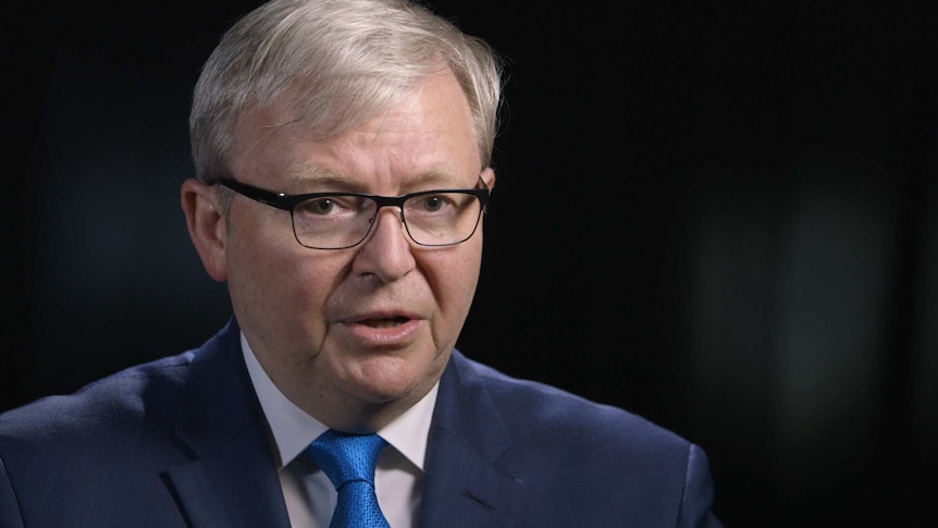 Kevin Rudd looks at the camera in an interview with the ABC.
