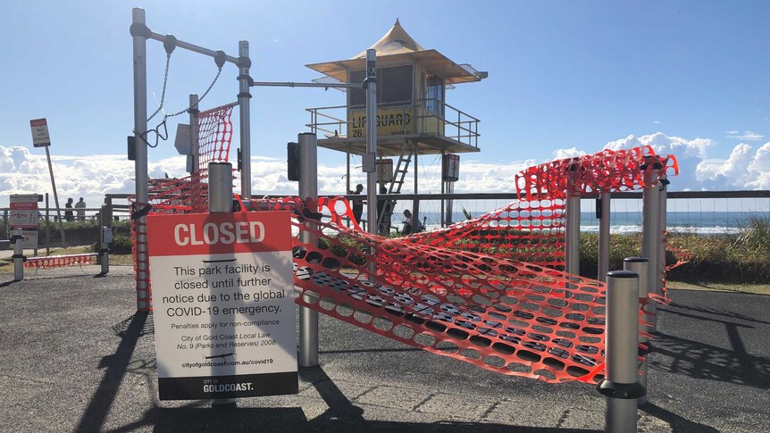 Outdoor gym equipment closed to public at Mermaid Beach during COVID-19 restrictions