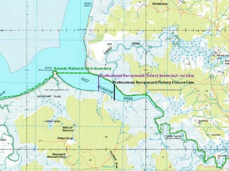 Map showing fishing zones on East Alligator River, NT
