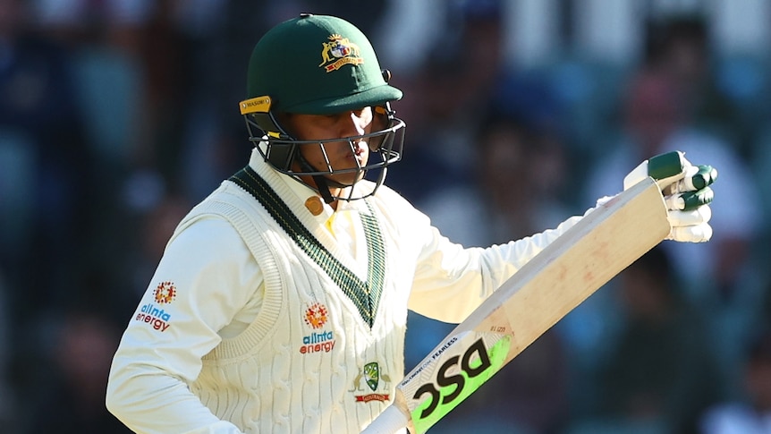 Usman Khawaja reacts after being dismissed on day one of the day-night-Test against West Indies at Adelaide Oval.