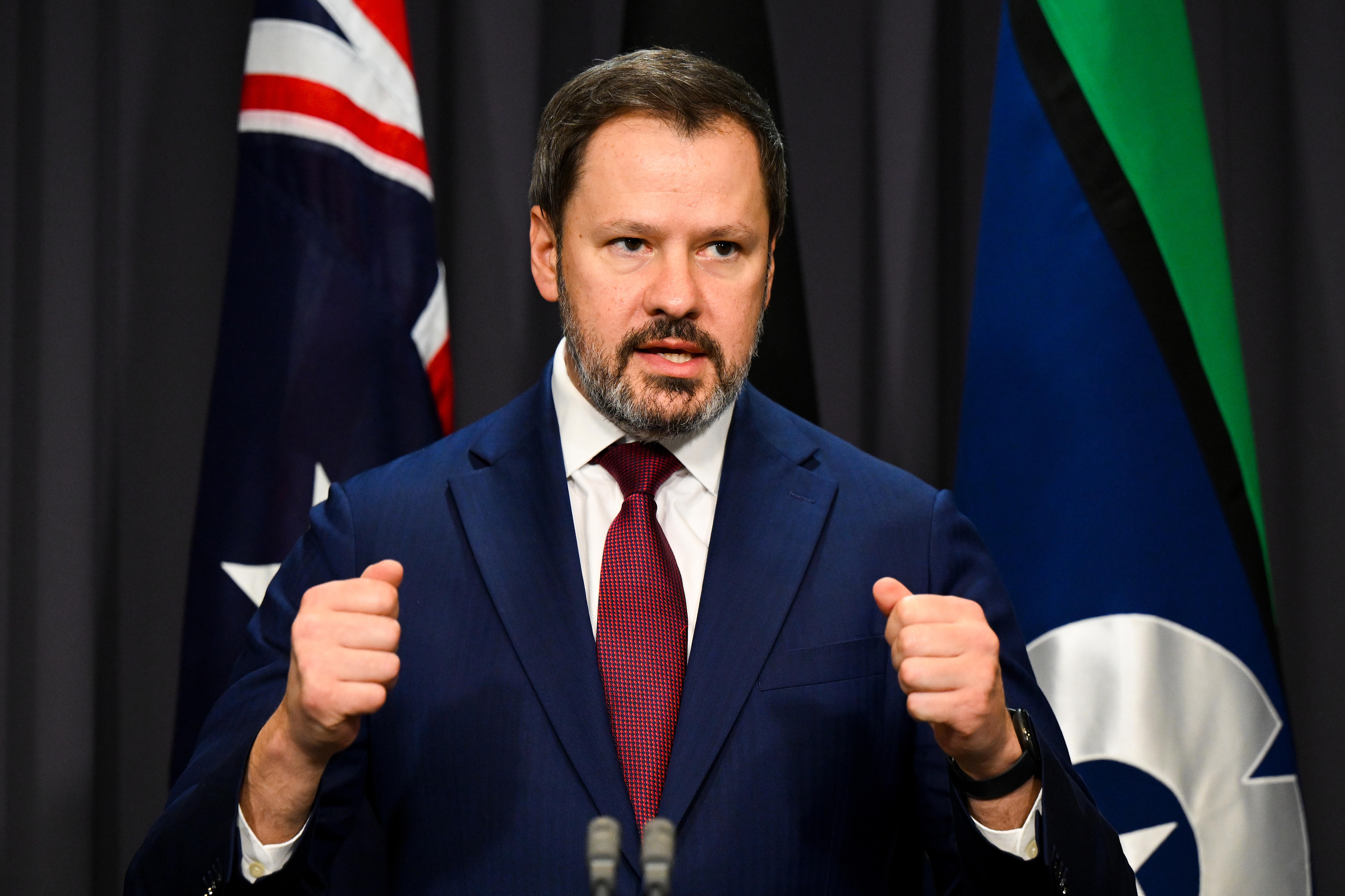 Ed Husic wearing a blue suit and burgundy tie standing in front of an Australian flag