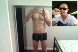 Tinder conman composite image - Leigh Abott's shirtless selfie and his headshot.