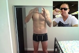 Tinder conman composite image - Leigh Abott's shirtless selfie and his headshot.