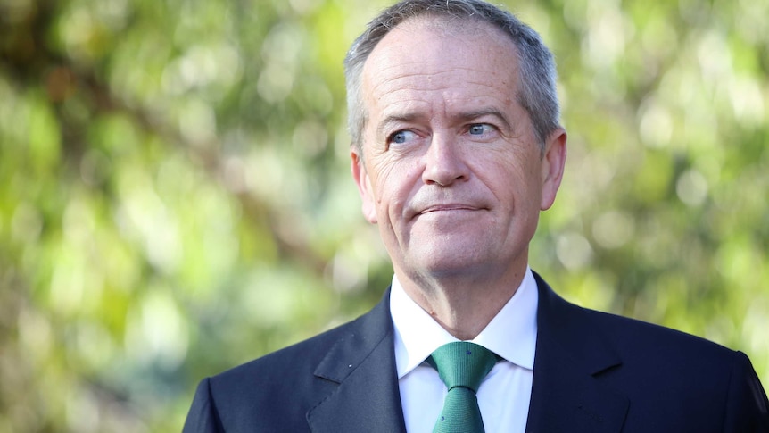 Head and shoulders shot of Bill Shorten in front of trees.