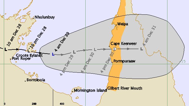 The system is over Gulf waters and moving east towards the Queensland coast.