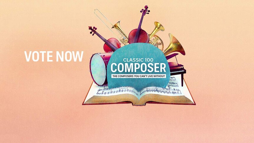 Classic 100 Composer header image with "vote now" text and a group of instruments appearing out of music manuscript.