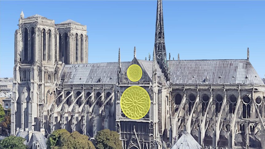The side of Notre Dame, with two of the round large stained-glass windows, called the rose windows, highlighted.