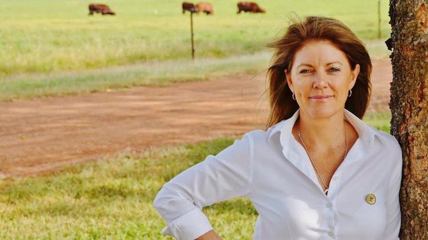 Tracey Hayes, wearing a white button-up shirt, leans on a tree while cows graze in the field behind her.