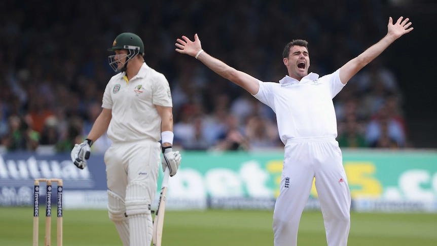 England paceman James Anderson celebrates the LBW dismissal of Shane Watson in the Lord's Test.