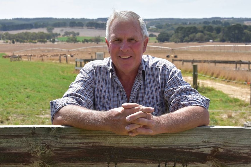 A smiling, older man with grey hair leans on a fence in front of a paddock.