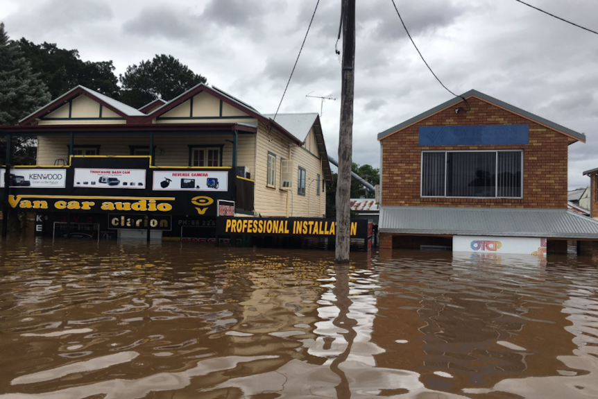 Lismore businesses submerged in floodwater.