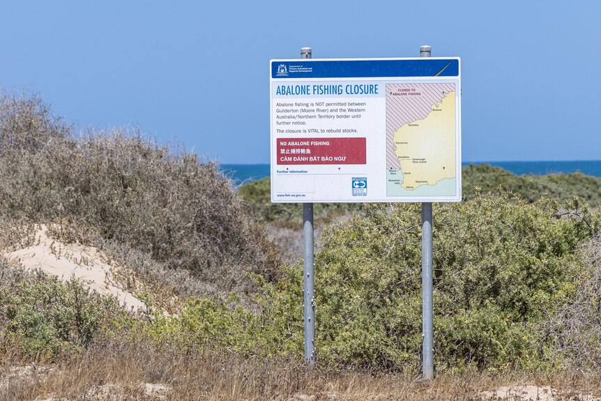 A fishing ban sign in front of bushland and the ocean