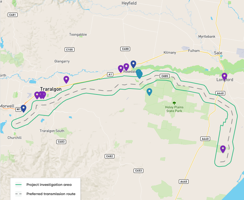 Un mapa que muestra en lo alto una ruta de línea de transmisión propuesta desde Giffard a Hazelwoodd