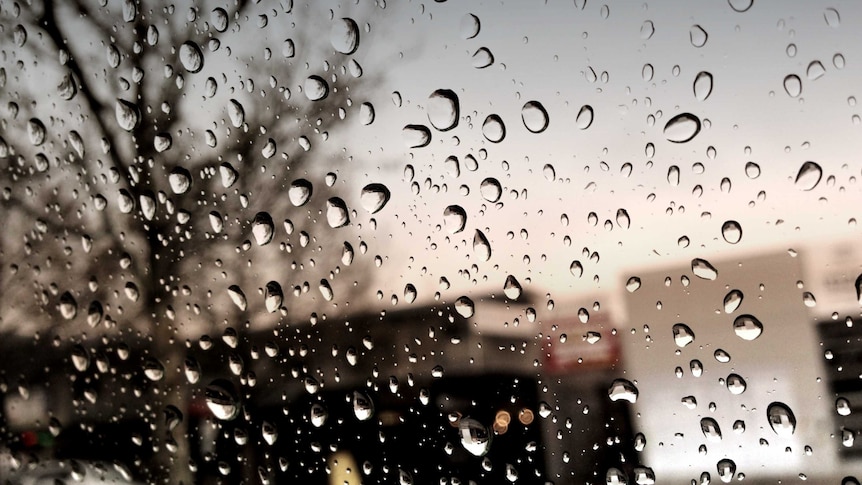 Rain drops on a window in Canberra.