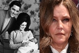 A photo of Elvis and Priscilla Presley with a baby Lisa Marie, next to a photo of Lisa Marie Presley. 