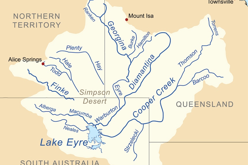 A map showing the Lake Eyre drainage basin, including the major rivers.