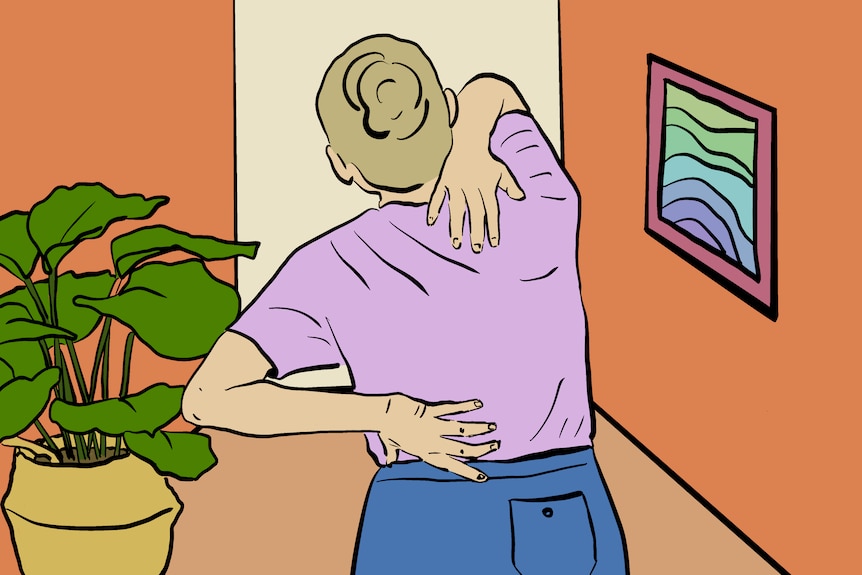 Illustration of person in tshirt and pants seen from behind, holding hands against their upper and lower back.