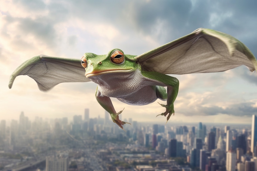 A Frog Flying Over A City - generated by AI