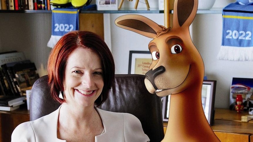 Julia Gillard and a kangaroo in 2022 World Cup bid video (Supplied)