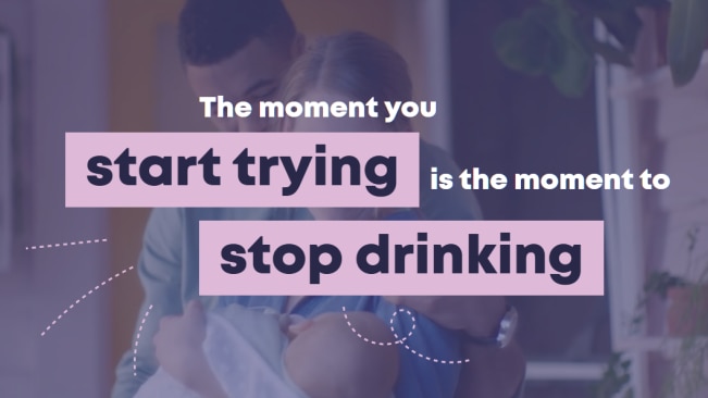 A graphic that reads 'The moment you start trying is the moment to stop drinking' in purple text